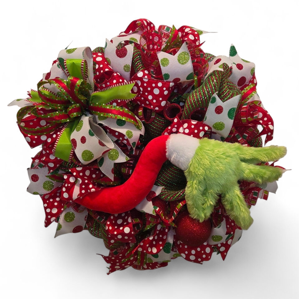 Grinch Christmas Wreath, Funny Holiday Door Décor, Whimsical Red Green Polka Dot